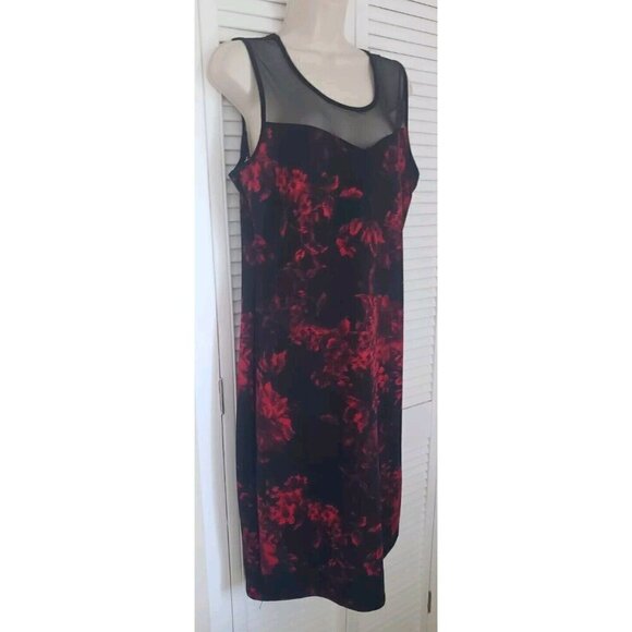 SHEATH RED FLOWER MIDI MESH SLEEVELESS DRESS SZ 12 - Picture 2 of 6